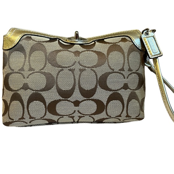 Coach Signature Brown Canvas Gold Leather Trim Turnlock Wristlet - Coin Wallet - Picture 5 of 12